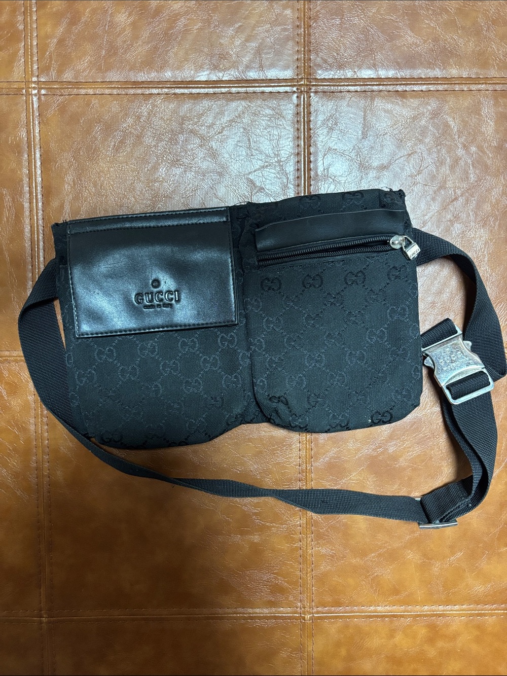 Gucci Black Monogram Belt Bag with Leather Flap - Picture 4 of 6